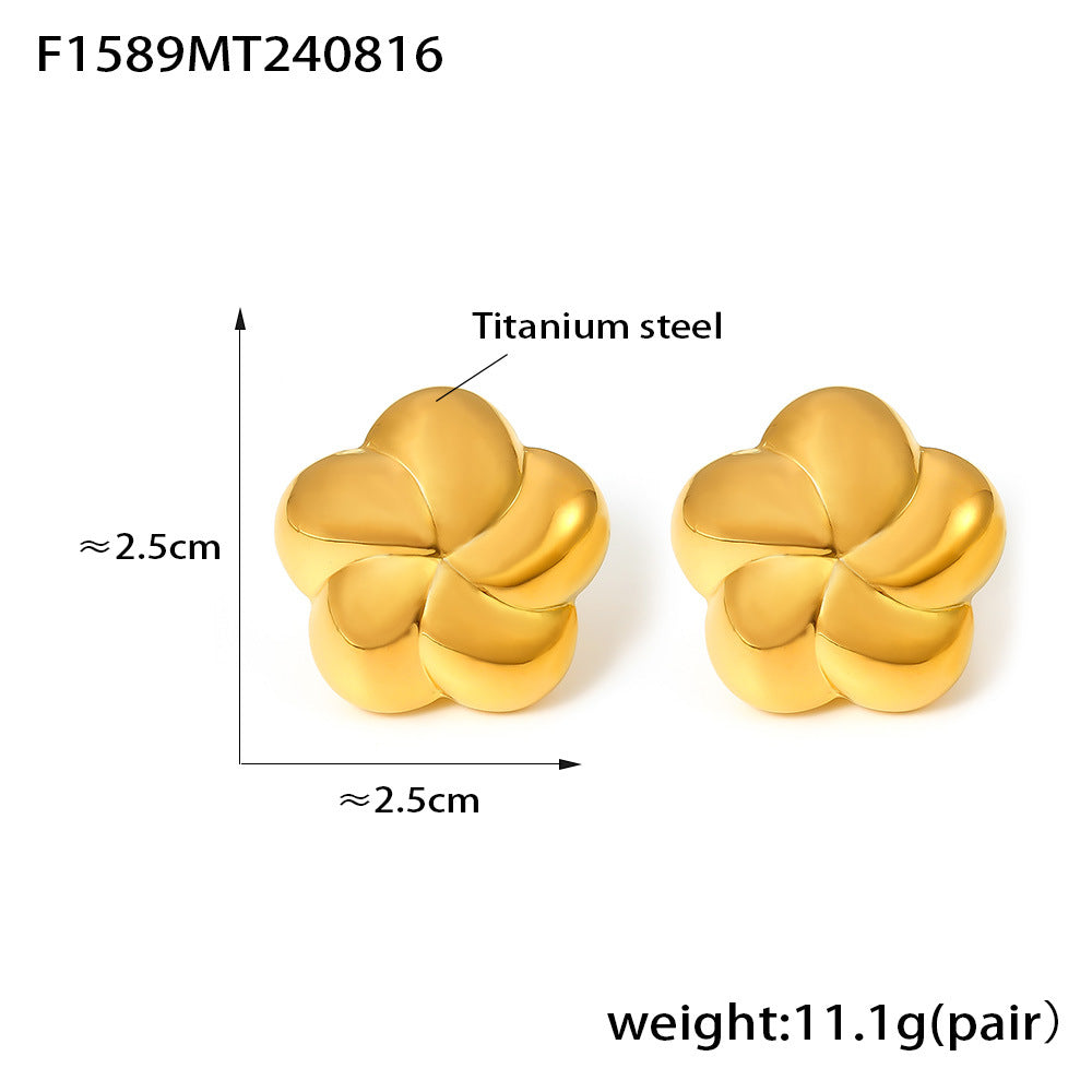D관 - 5잎 꽃 입체 회전 플라워 티타늄 스틸 18K 도금 귀걸이 [F1589] 24.08-4