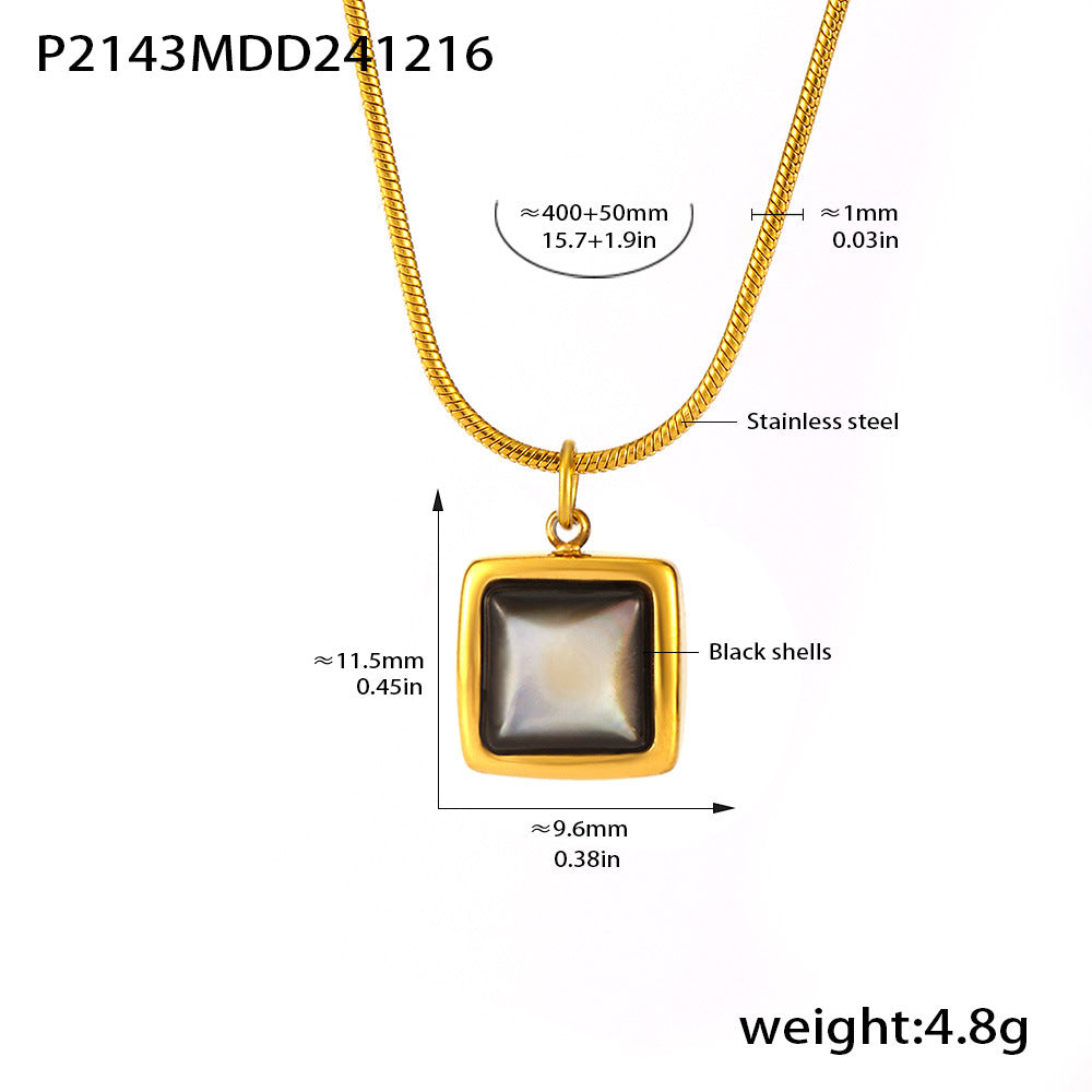 D관 - 티타늄 스틸 블랙 자개 공작석 스퀘어 펜던트 목걸이 [P2143] 24.12-3