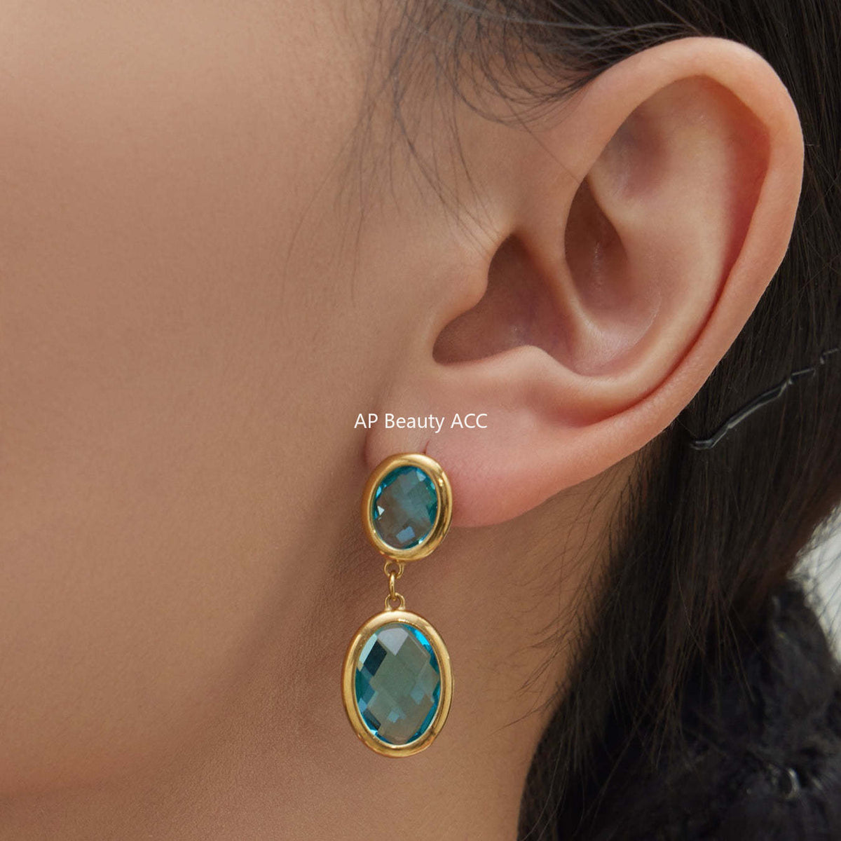 D관 - 스테인리스 스틸 18K 도금 타원 컷팅 글라스 스톤 펜던트 귀걸이 [F957] 25.12-1