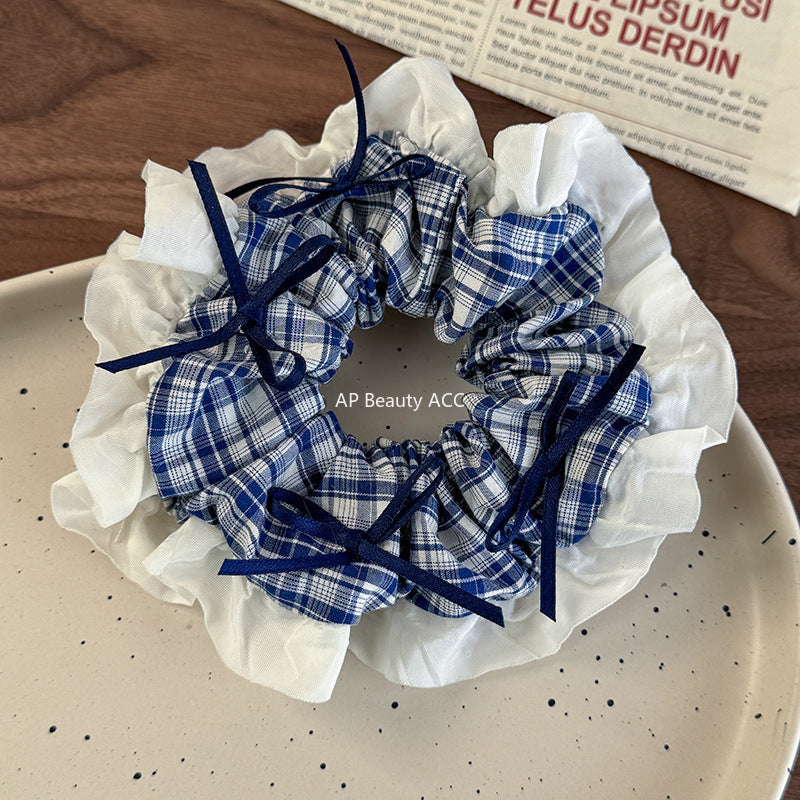 E관 - 블루 체크 패브릭 레이스 리본 곱창 헤어밴드 [26462] 25.10-2