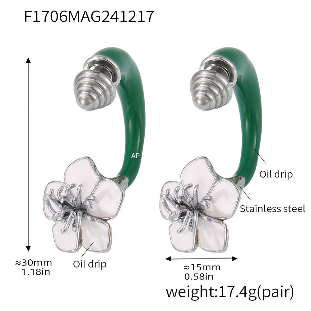 D관 - 스테인리스 스틸 18K 골드 도금 나선 패턴 오일 코팅 동백꽃 플라워 귀걸이 [F1706] 24.12-3