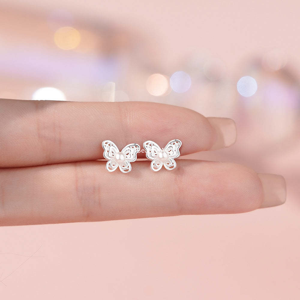 B관 - 999 실버 나비 디자인 진주 피어싱 귀걸이 [YC6253E_1] 25.12-1