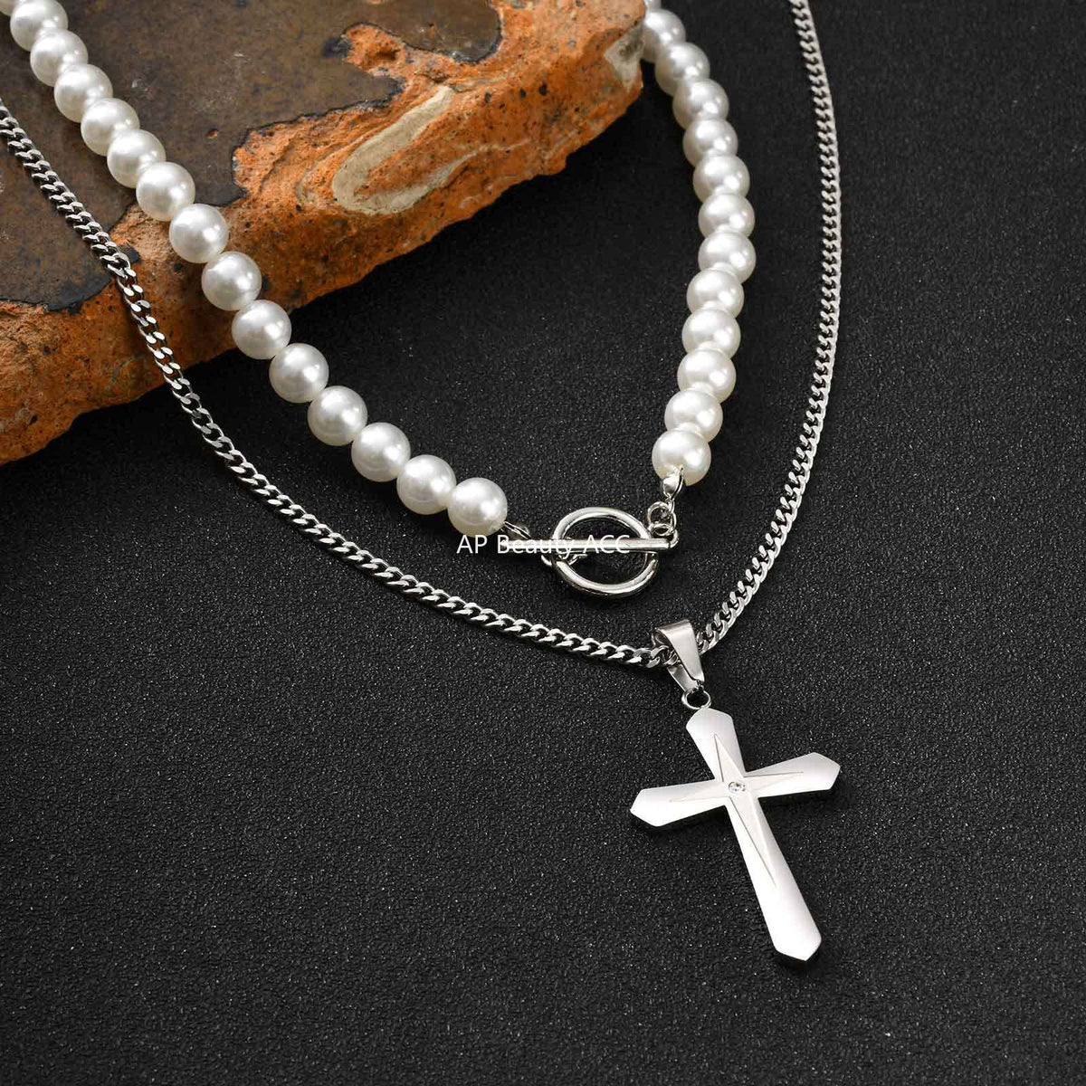 G관 - 스테인리스 스틸 큐빅 십자가 펜던트 진주 목걸이 [PN-2238] 25.10-4