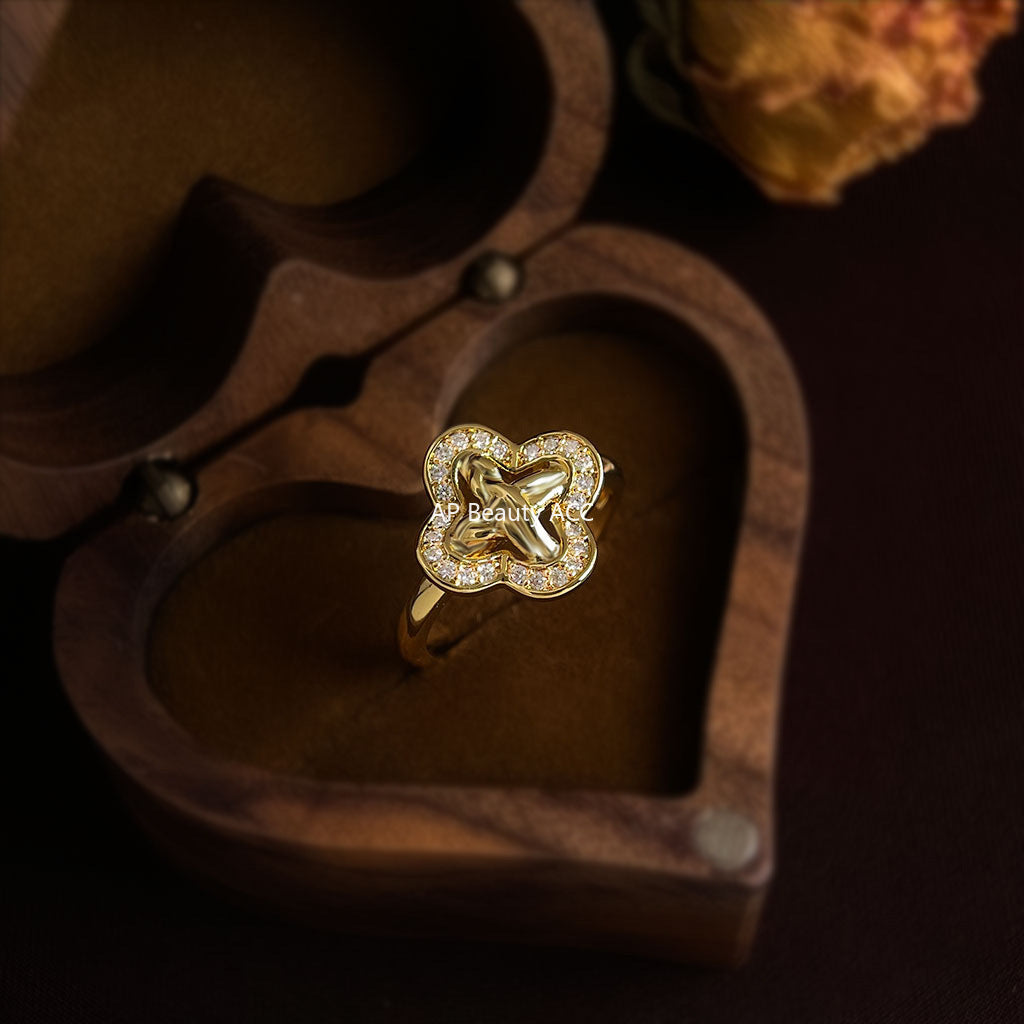 C관 - 18K 도금 클로버 라인 큐빅 오픈형 반지 [6904] 25.10-2