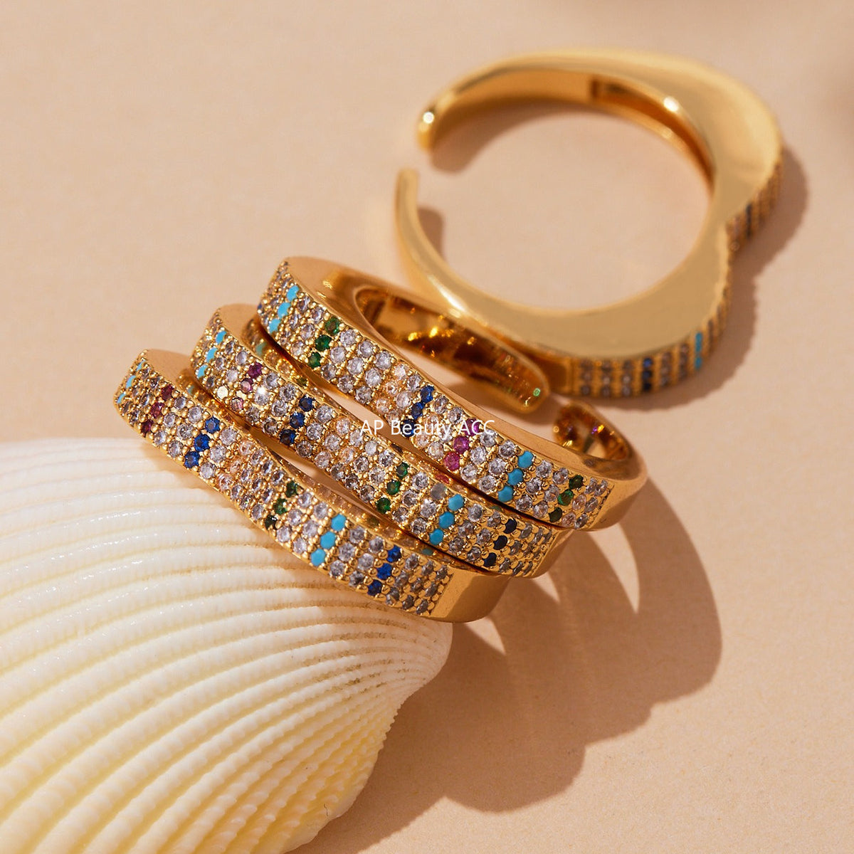 D관 - 18K 골드 도금 스테인리스 스틸 큐빅 하트 모양 반지 [A560-A561] 25.10-1