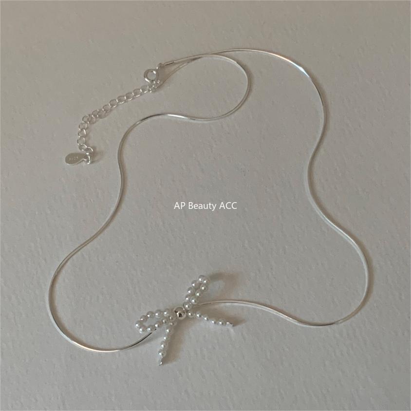 F관 - 925 실버 비즈 리본 진주 목걸이 [B1233] 25.10-3