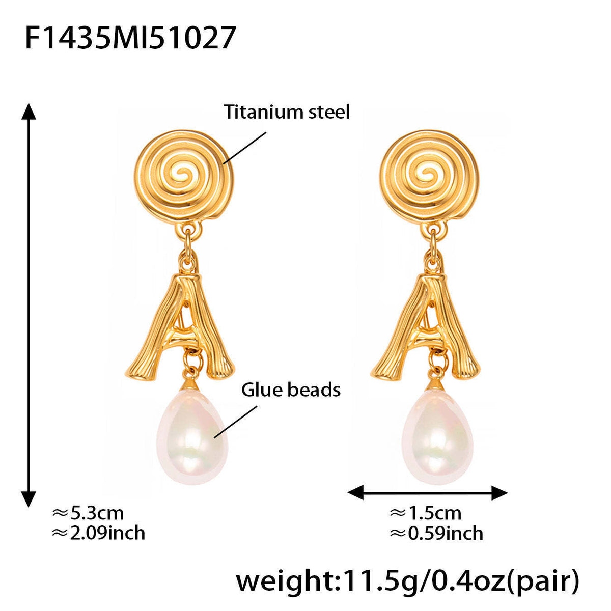 D관 - 스테인리스 18K 도금 나선형 A 이니셜 진주 귀걸이 [F1435] 25.10-5