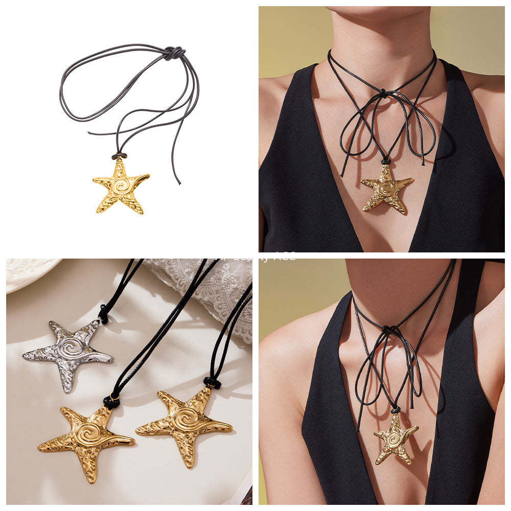 D관 - 18K 도금 스테인리스 스틸 블랙 스트랩 불가사리 펜던트 목걸이 [P1615] 25.10-4