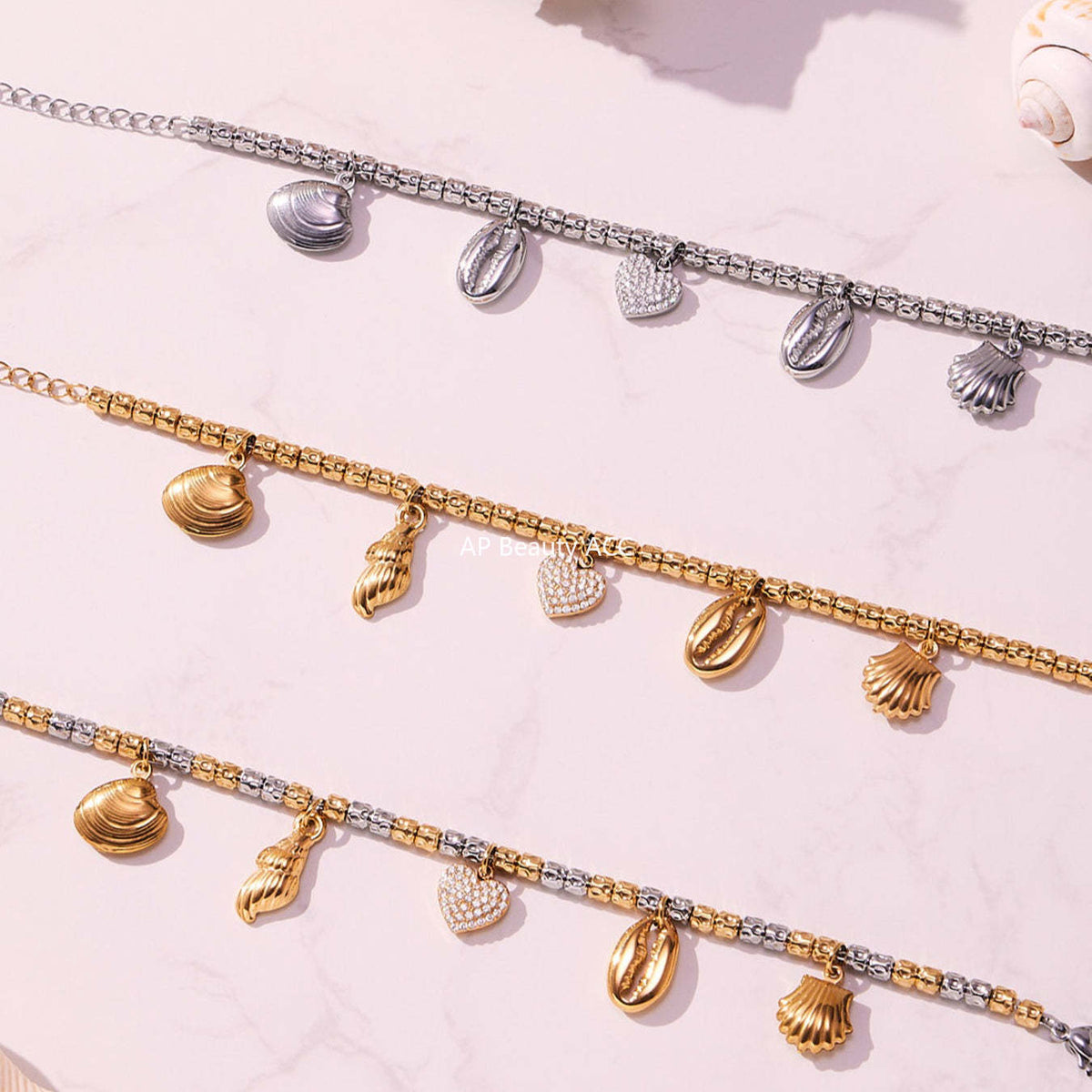 D관 - 스테인리스 18K 도금 하트 멀티 펜던트 스틸 비즈 팔찌 [E696-E697-E698] 25.10-5