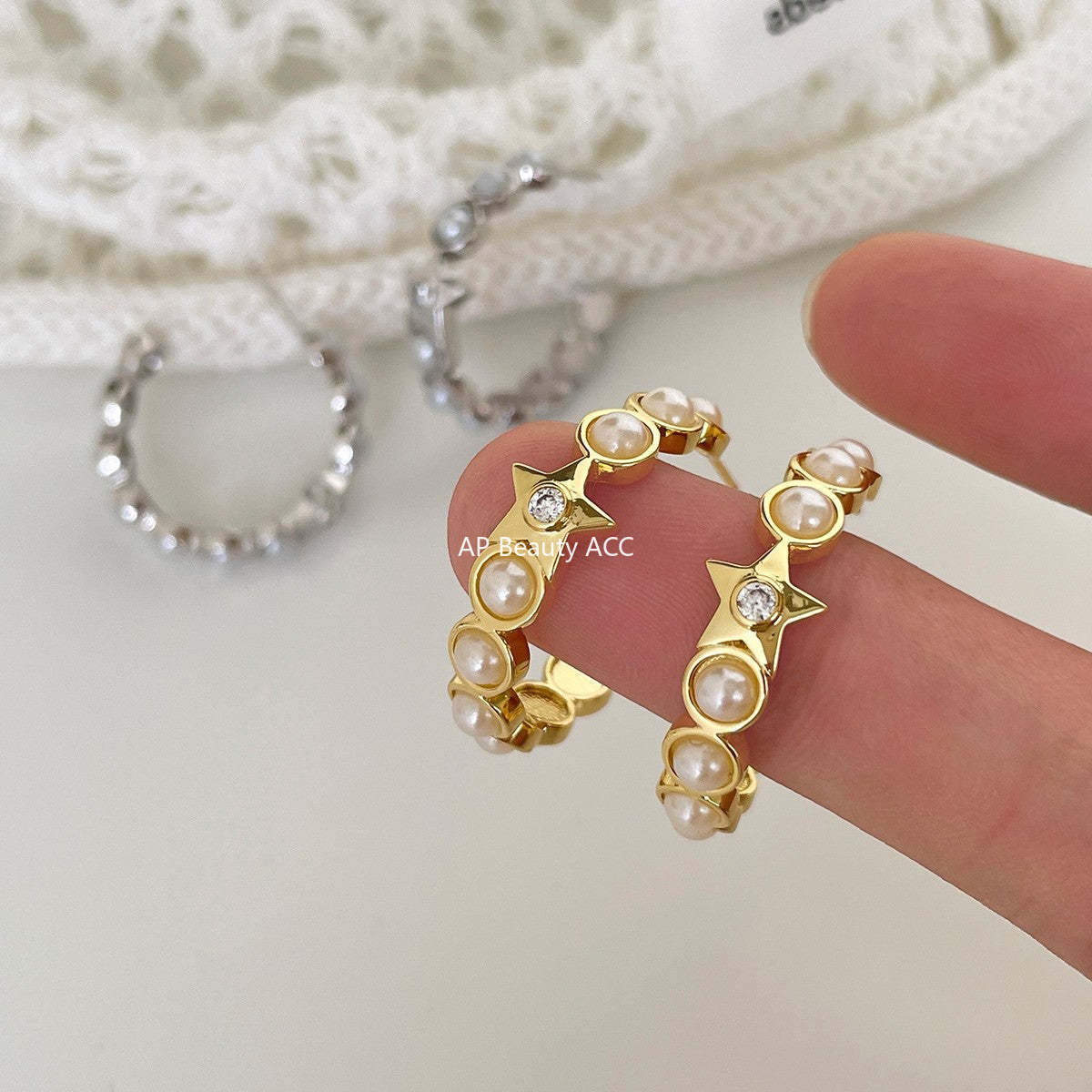 A관 - 925 은침 진주 별 큐빅 C형 귀걸이 [EH-4113] 25.10-5