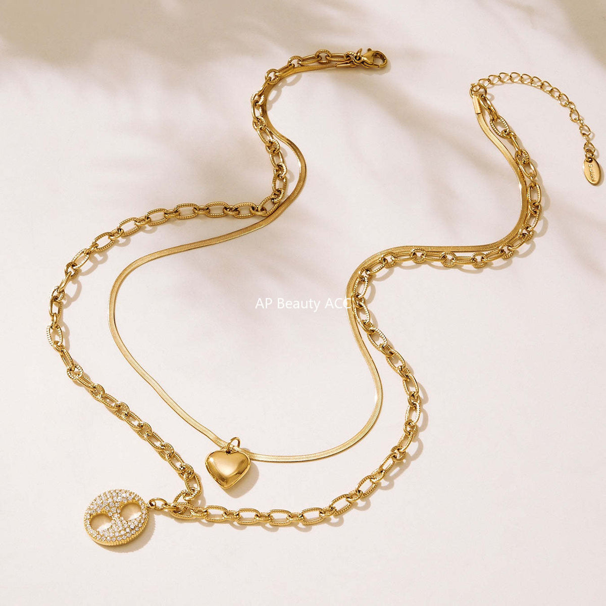 D관 - 더블 레이어 하트 큐빅 18K 도금 스테인리스 목걸이 [P100] 25.11-3