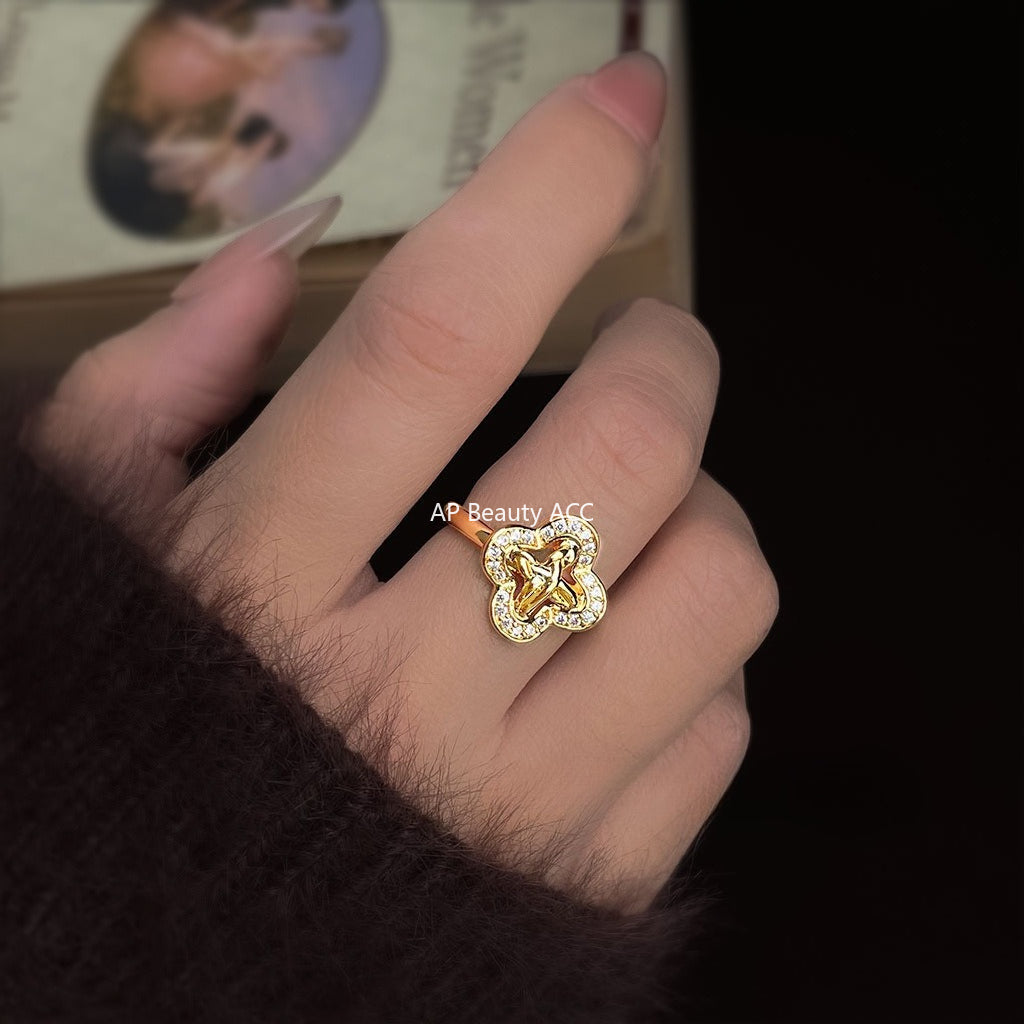 C관 - 18K 도금 클로버 라인 큐빅 오픈형 반지 [6904] 25.10-2