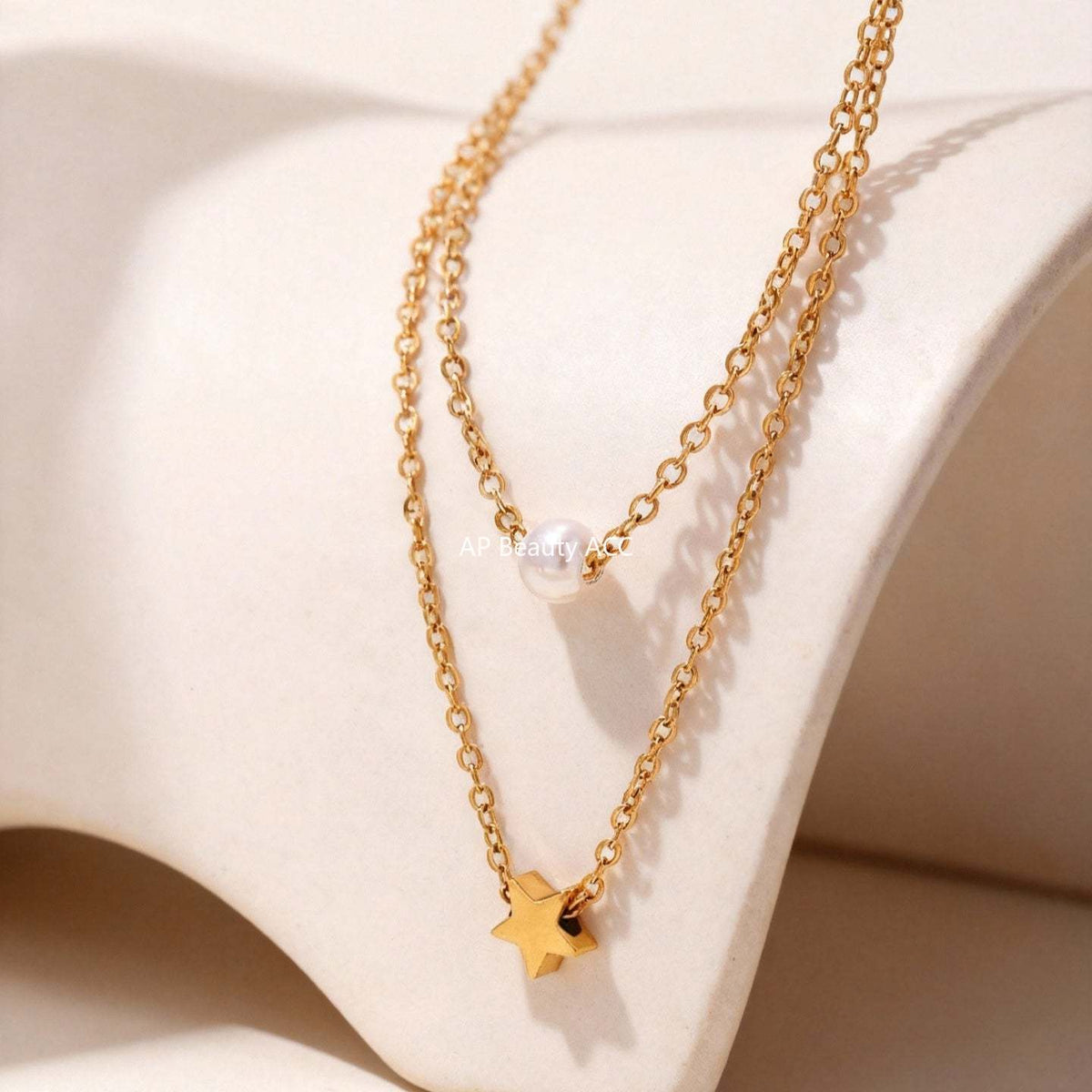 D관 - 스테인리스 스틸 18K 도금 별 진주 더블 레이어 목걸이 [P001] 25.12-1