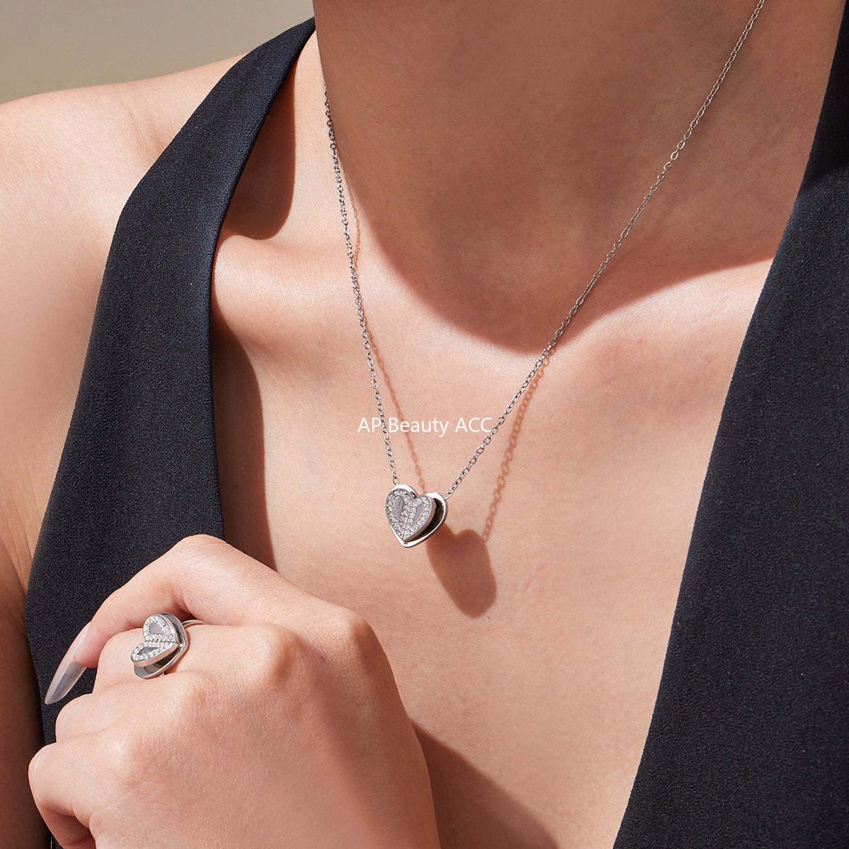 D관 - 18K 도금 스테인리스 스틸 큐빅 더블 하트 반지 귀걸이 목걸이 [TXP446] 25.10-4