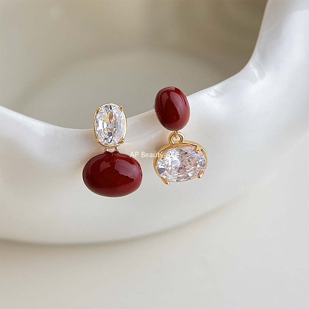 C관 - 와인 레드 큐빅 비대칭 925 은침 귀걸이 [7227] 25.12-2