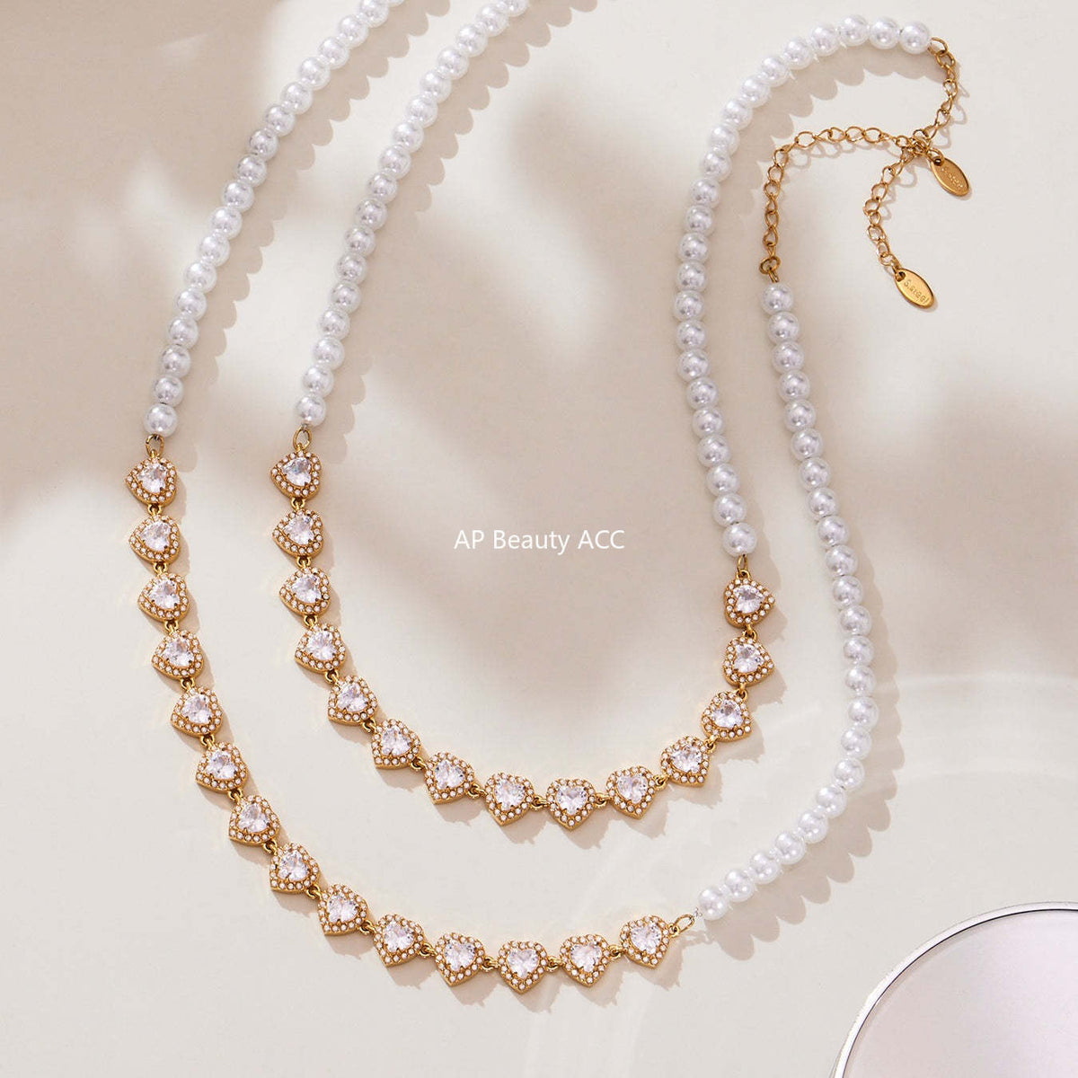 D관 - 18K 도금 스테인리스 스틸 핸드메이드 진주 하트 큐빅 목걸이 [P1735] 25.10-4