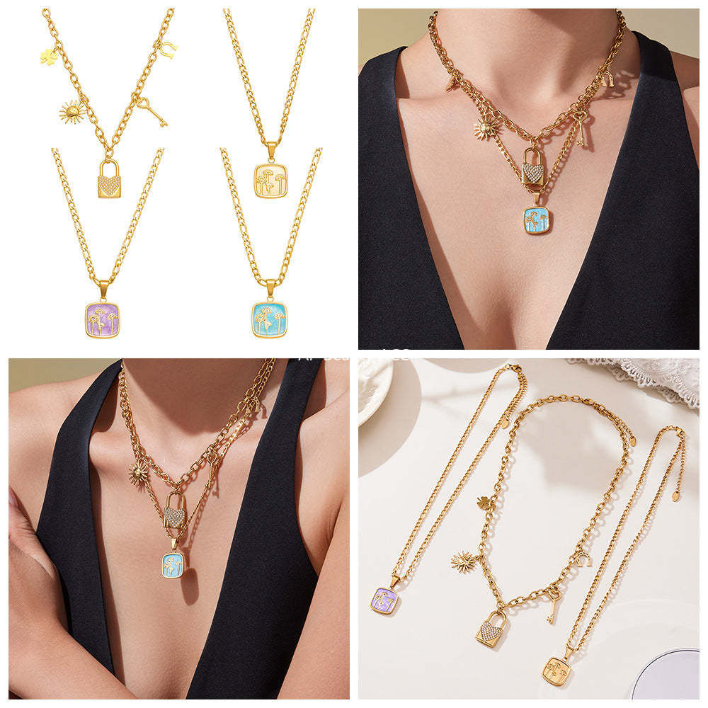 D관 - 18K 도금 스테인리스 스틸 큐빅 자물쇠 스퀘어 펜던트 목걸이 [P1322] 25.10-4