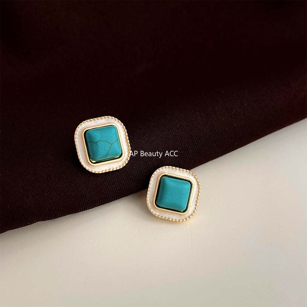 C관 - 합성 터키석 에나멜 사각형 기하학 14K 도금 복고풍 귀걸이 [4309] 24.07-1