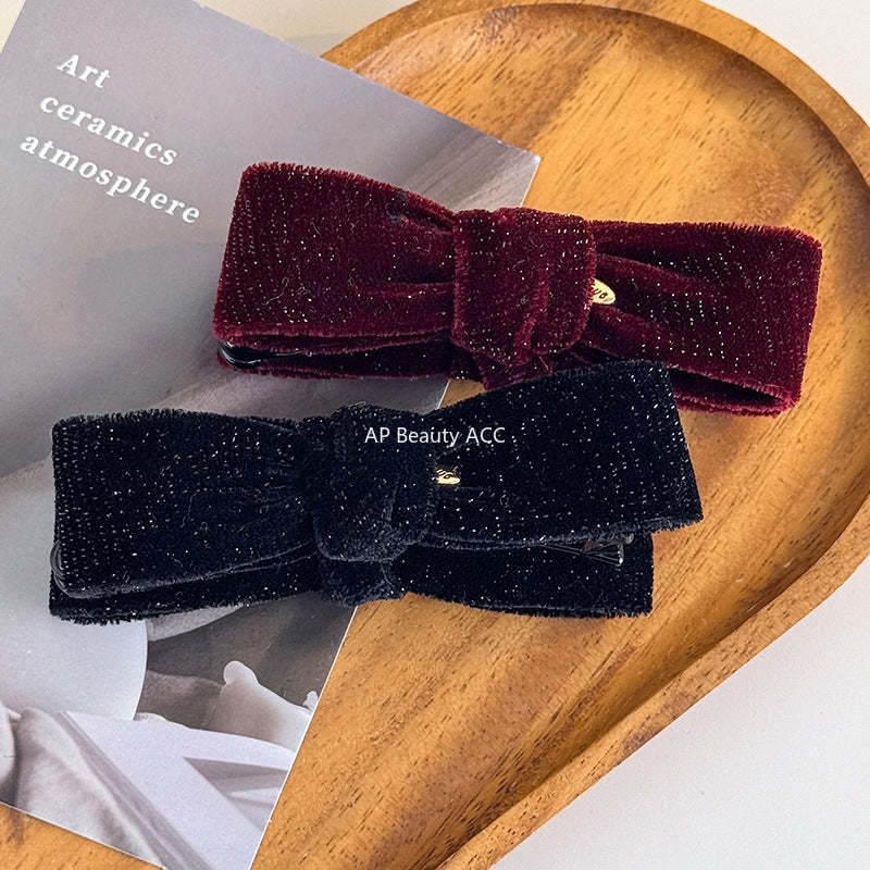 E관 - 글리터 벨벳 리본 모양 바나나 집게핀 [27763] 25.12-1