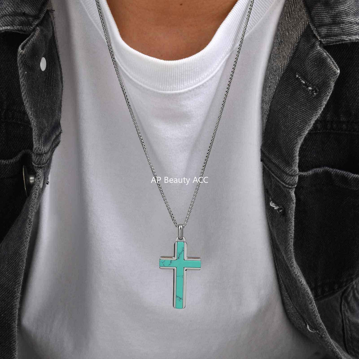 G관 - 스테인리스 스틸 십자가 터키석 호안석 펜던트 목걸이 [PN-2224] 25.12-2