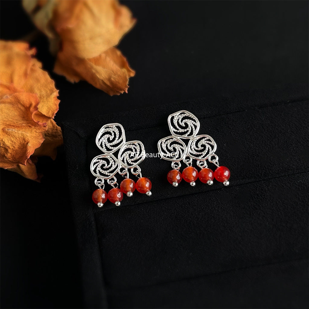 C관 - 925 은침 핸드메이드 구름 디자인 홍마노 귀걸이 [7057] 25.11-2