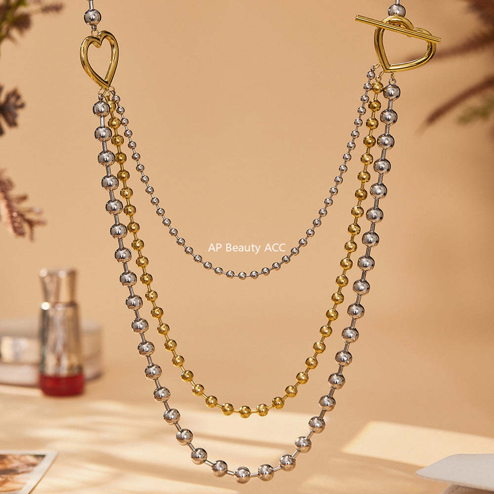 D관 - 투톤 하트 라운드 비즈 체인 레이어드 스테인리스 목걸이 [P1853] 25.11-3