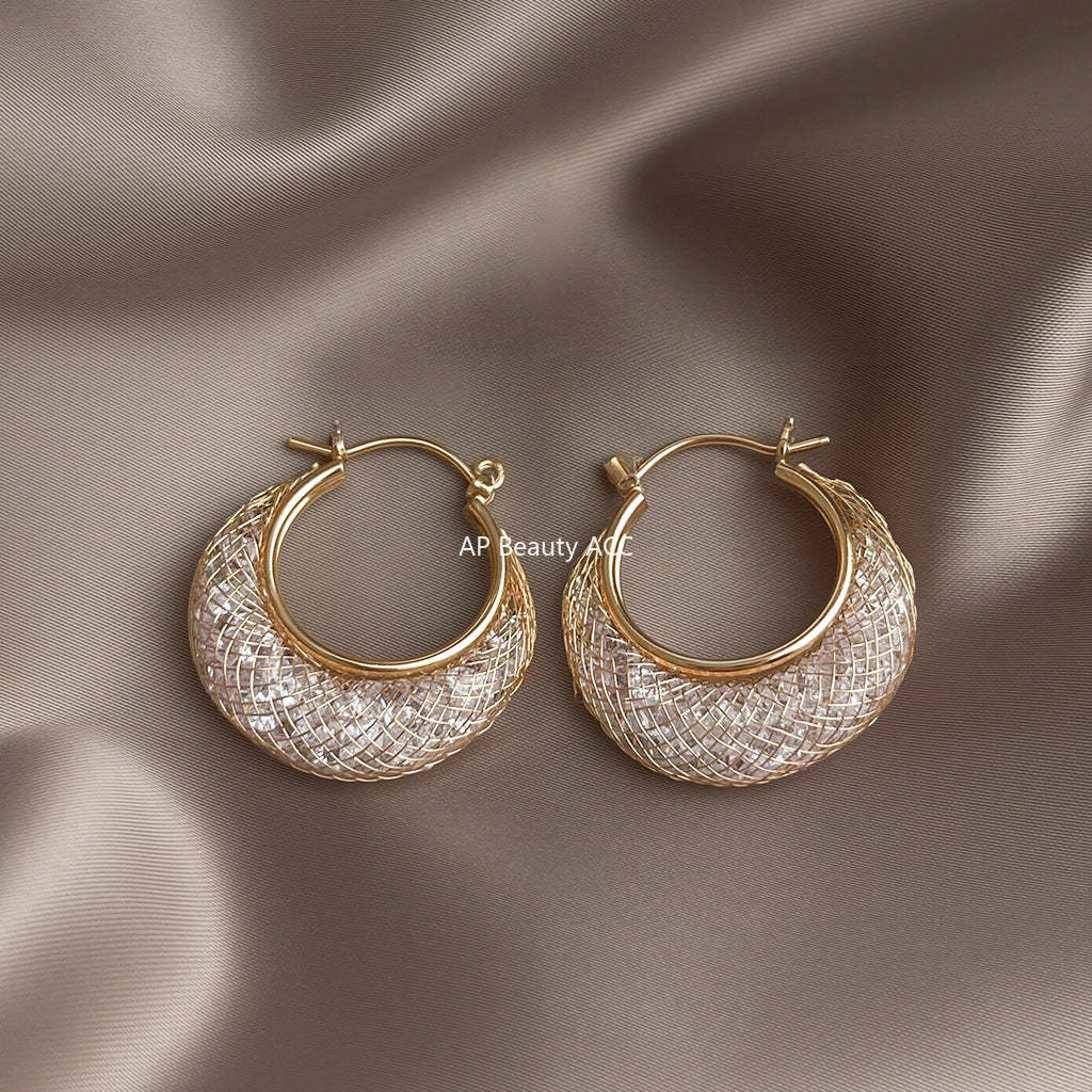 C관 - 14K 도금 망사 큐빅 디자인 링 귀걸이 [5739] 25.03-3