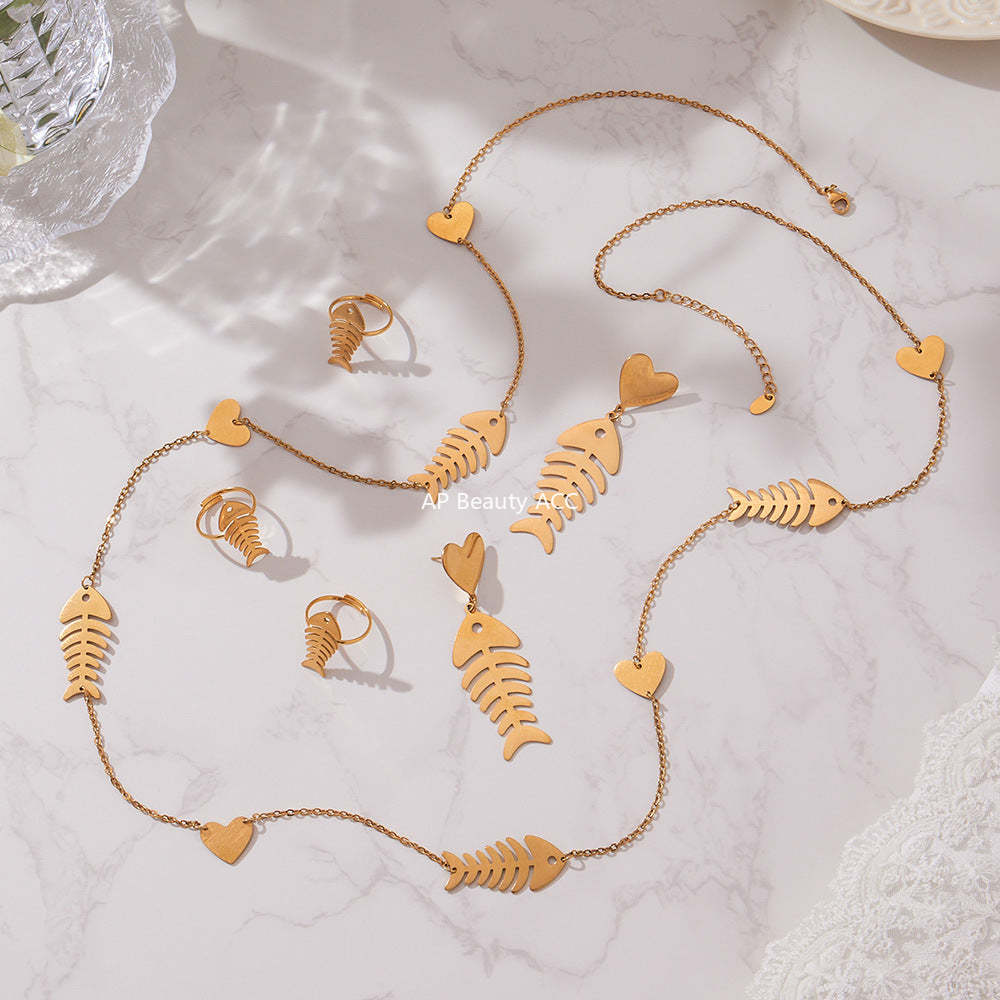 D관 - 스테인리스 18K 도금 물고기뼈 하트 디자인 목걸이 귀걸이 반지 [TXP459] 25.10-5