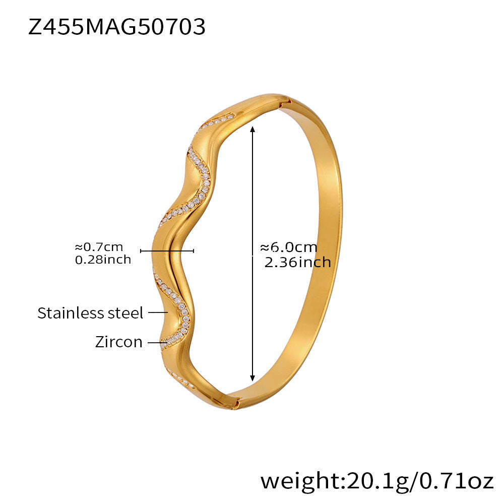 D관 - 대나무 물결 디자인 큐빅 스테인리스 스틸 18K 도금 팔찌 [Z454] 25.07-2