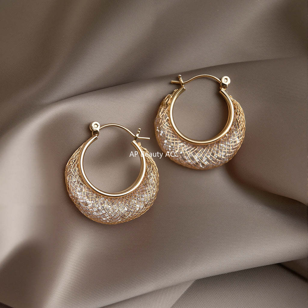 C관 - 14K 도금 망사 큐빅 디자인 링 귀걸이 [5739] 25.03-3