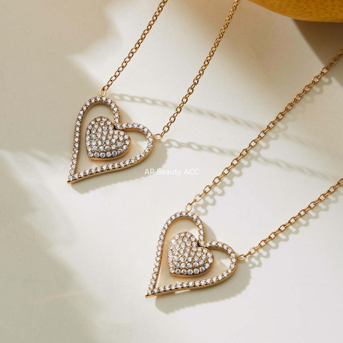 D관 - 스테인리스 스틸 하트 풀큐빅 레이어드 18K 도금 목걸이 [P874] 25.11-4