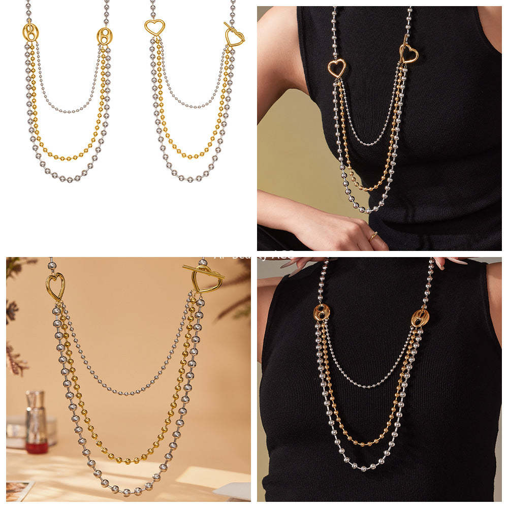 D관 - 투톤 하트 라운드 비즈 체인 레이어드 스테인리스 목걸이 [P1853] 25.11-3