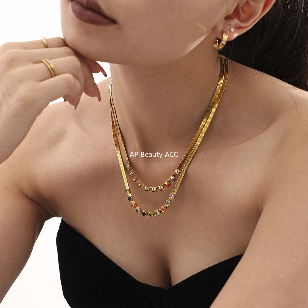 D관 - 멀티 컬러 큐빅 블레이드 스테인리스 스틸 18K 도금 변색 방지 목걸이 팔찌 [TXP180-TXE180] 24.11-2