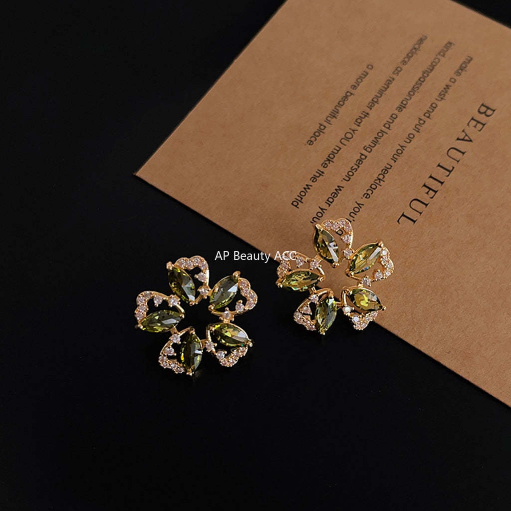 C관 - 올리브 그린 꽃 미니 큐빅 고급스러운 14K 도금 은침 귀걸이 [3766] 24.04-1