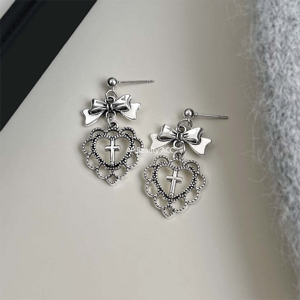 C관 - 리본 레이스 하트 925 은침 귀걸이 [7206] 25.12-2