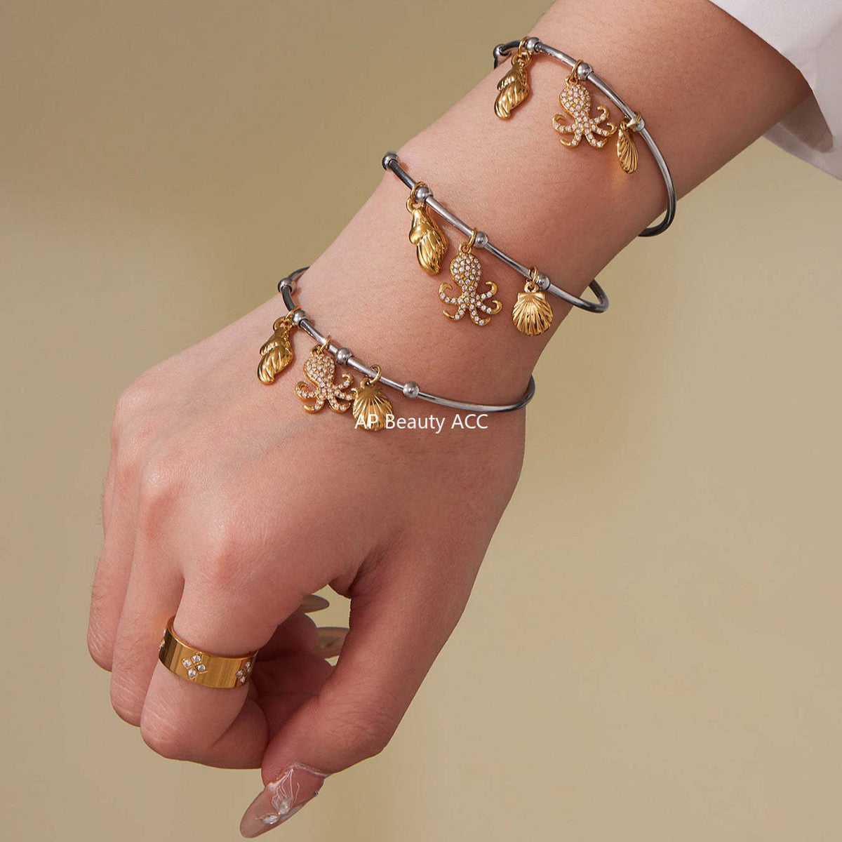 D관 - 스테인리스 스틸 큐빅 문어 소라 펜던트 팔찌 [Z496] 25.09-4