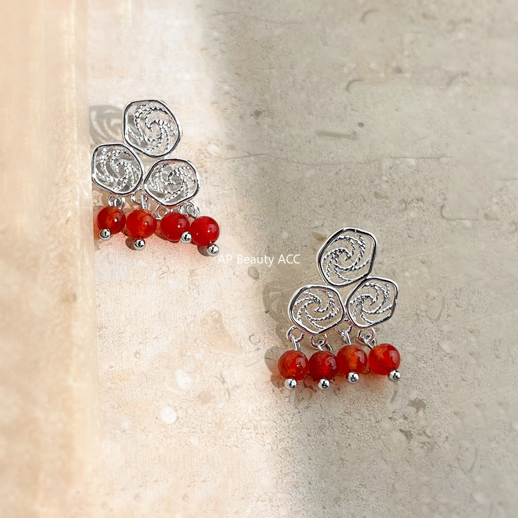 C관 - 925 은침 핸드메이드 구름 디자인 홍마노 귀걸이 [7057] 25.11-2