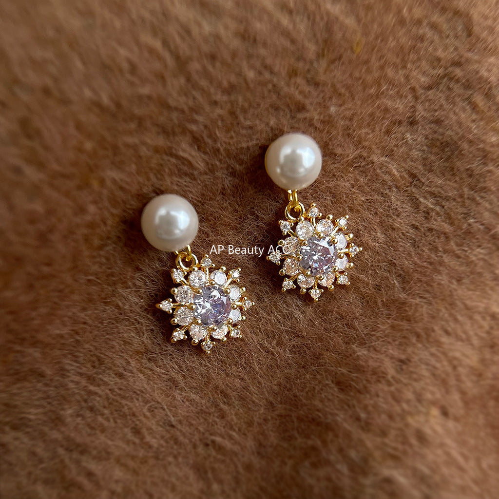 C관 - 925 은침 눈꽃 큐빅 진주 핸드메이드 귀걸이 [7078] 25.11-2