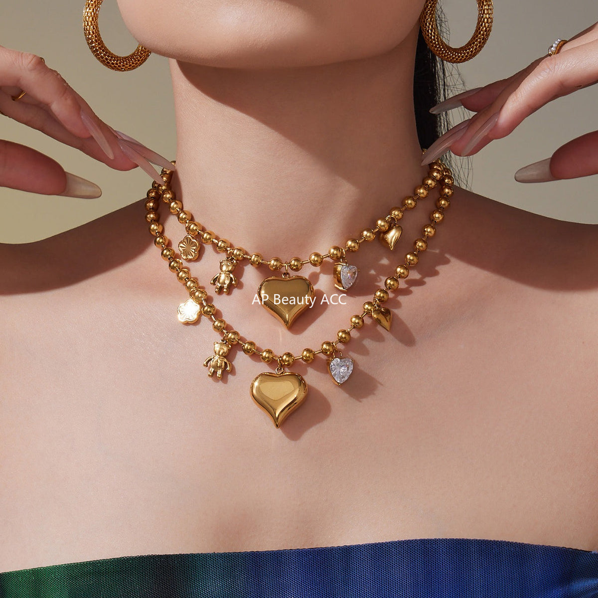 D관 - 스테인리스 스틸 18K 도금 큐빅 하트 곰 펜던트 목걸이 [P1032] 25.10-3