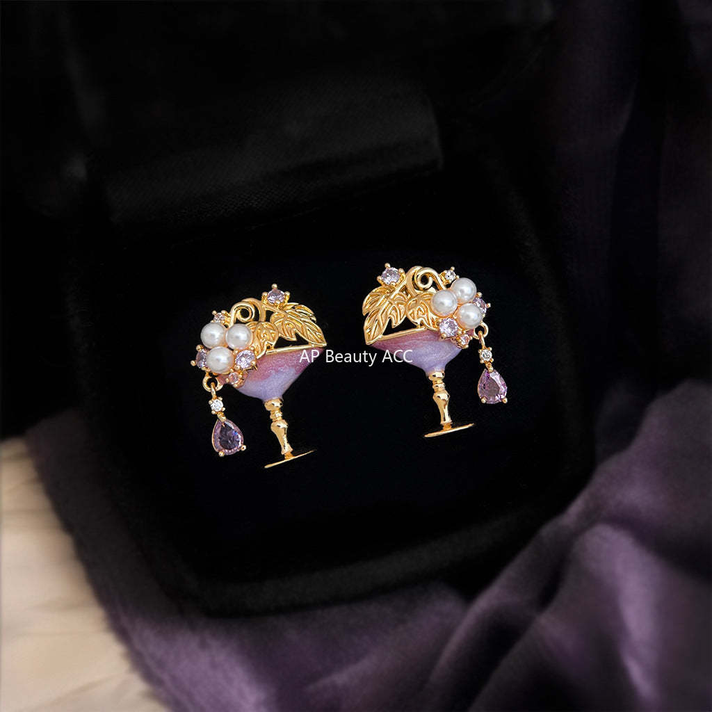 C관 - 큐빅 진주 핸드페인팅 와인잔 디자인 925 은침 귀걸이 [6831] 25.09-4