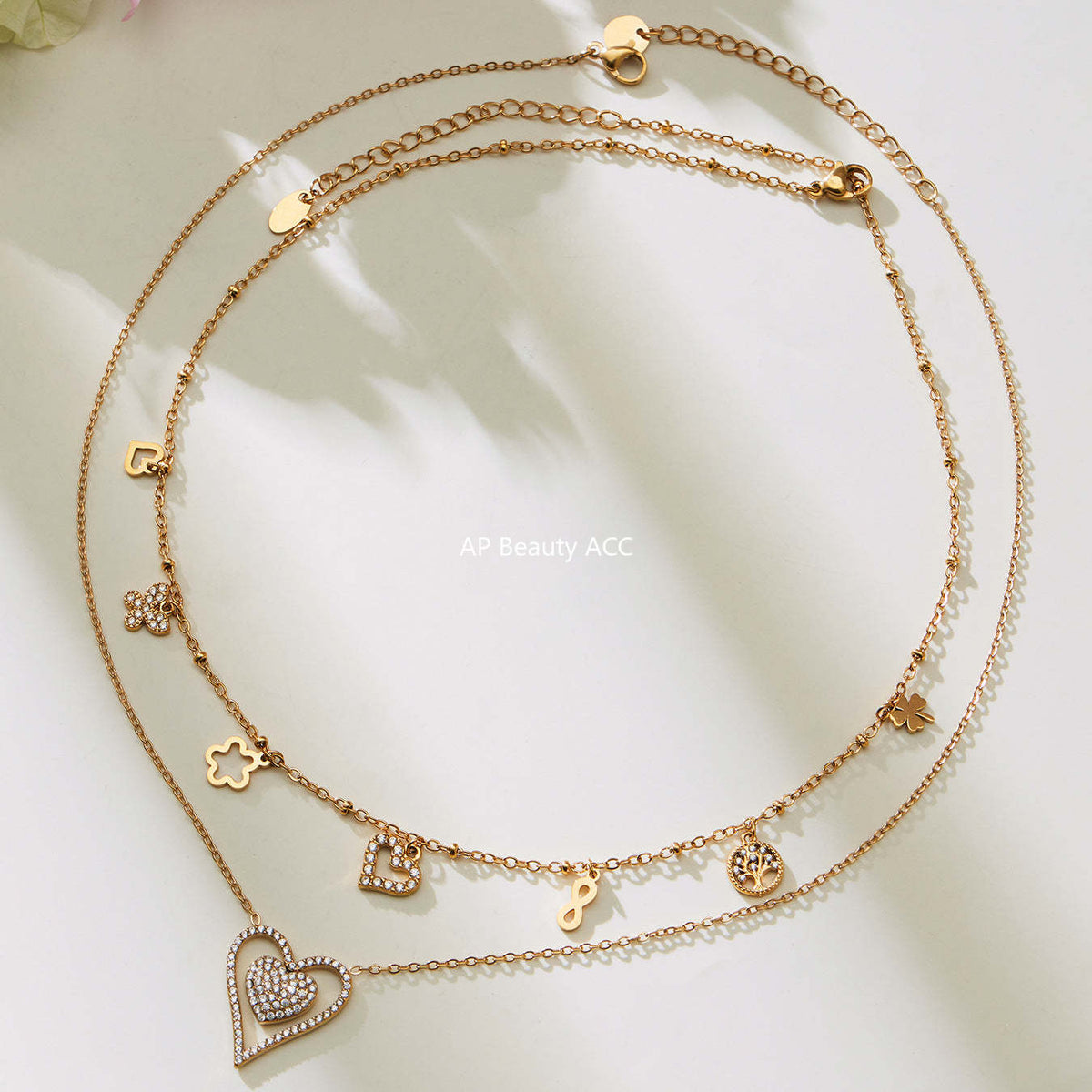 D관 - 스테인리스 스틸 하트 풀큐빅 레이어드 18K 도금 목걸이 [P874] 25.11-4