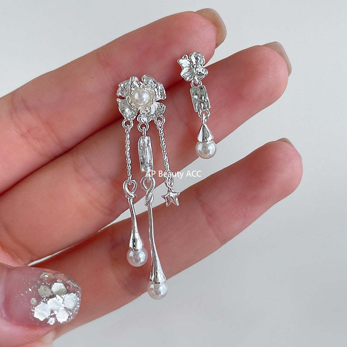 A관 - 925 은침 진주 플라워 언밸런스 드롭 귀걸이 [EH-3983] 25.10-2