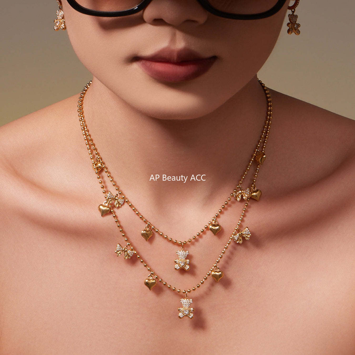 D관 - 스테인리스 스틸 곰 리본 하트 풀큐빅 펜던트 목걸이 팔찌 귀걸이 [TXP500] 25.11-4