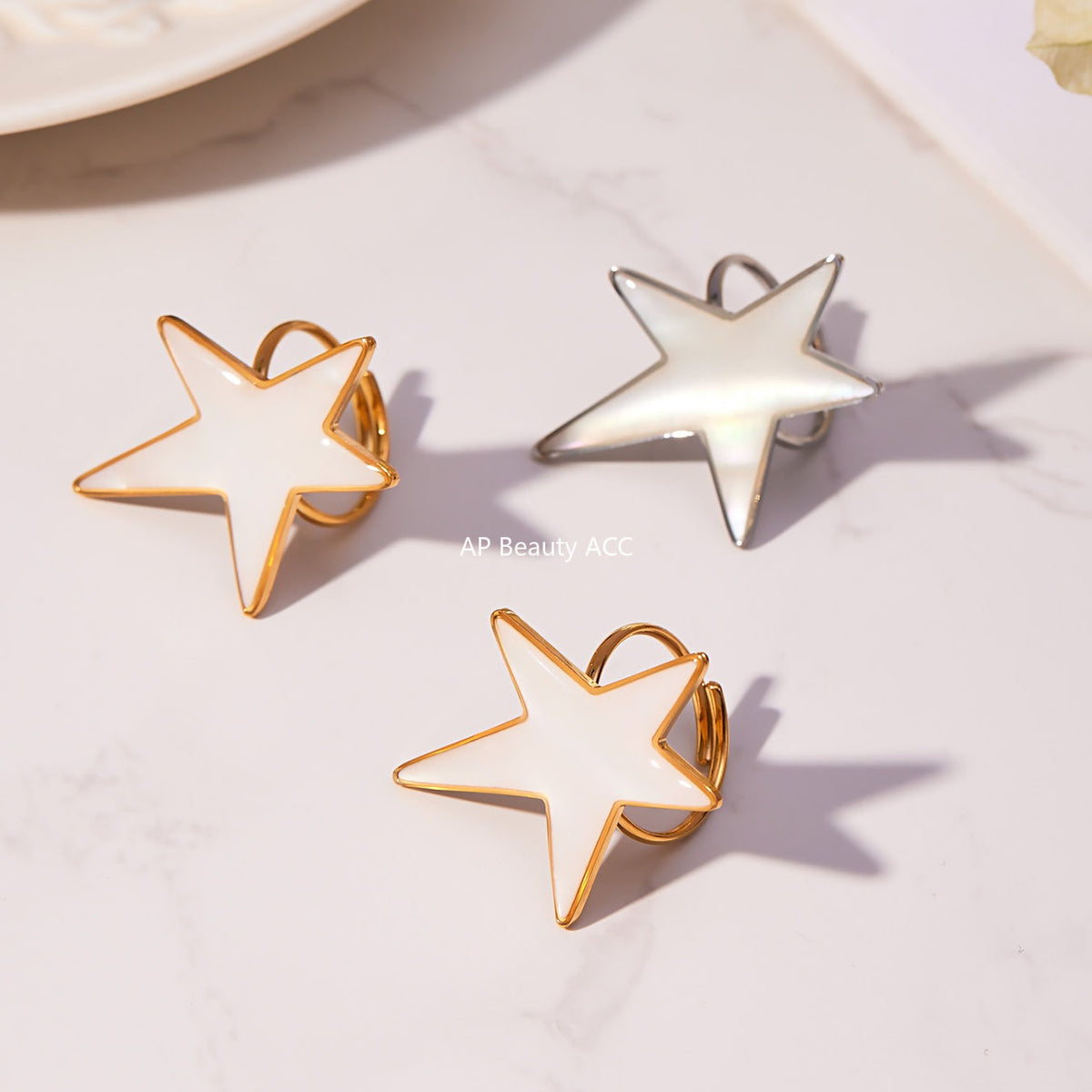 D관 - 스테인리스 18K 도금 천연 자개 대형 오각별 반지 귀걸이 [TXF460] 25.11-1