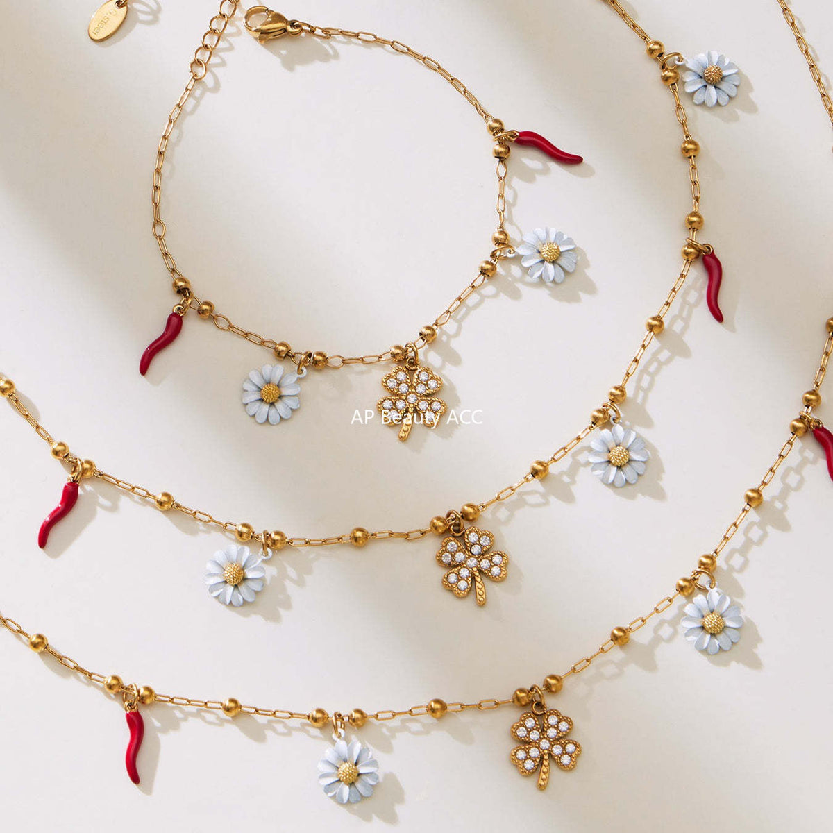 D관 - 스테인리스 스틸 네잎클로버 데이지 펜던트 큐빅 목걸이 팔찌 [TXP483] 25.11-4