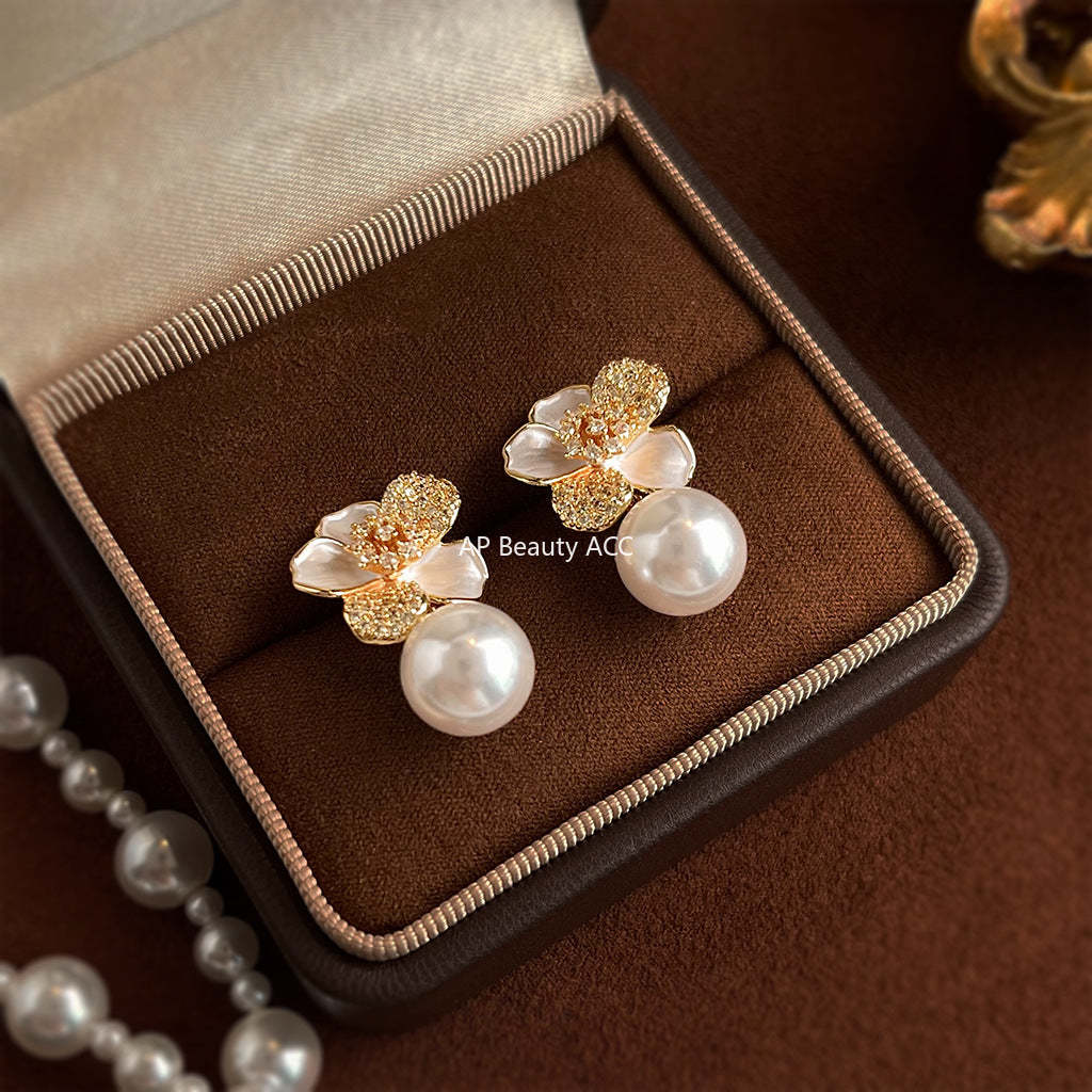 C관 - 14K 도금 큐빅 진주 플라워 은침 귀걸이 [5921] 25.04-4