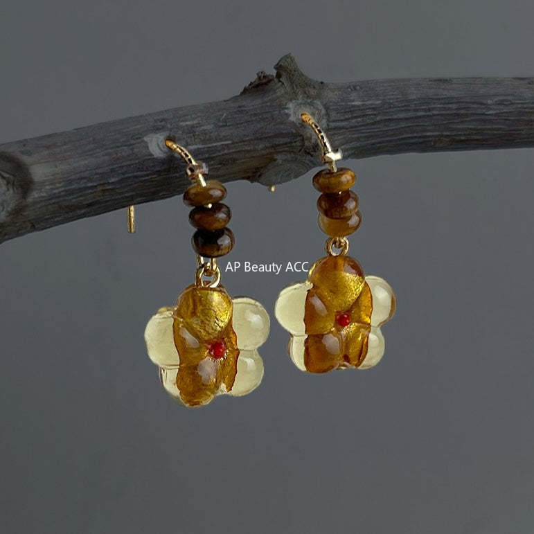 C관 - 핸드메이드 글라스 플라워 천연 호안석 귀걸이 [7203] 25.12-3