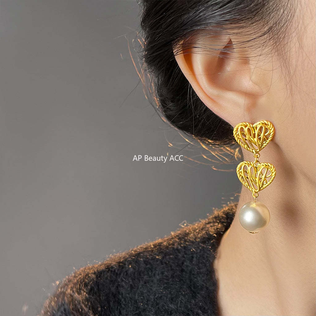 C관 - 925 은침 무광 18K 도금 하트 롱 크리스탈 스와로브스키 진주 귀걸이 [5360] 25.01-1