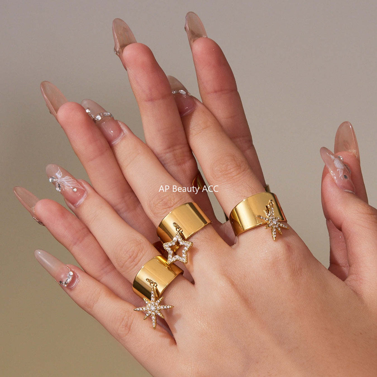 D관 - 스테인리스 스틸 와이드 별 큐빅 18K 골드 도금 오픈형 반지 [A074] 25.09-4