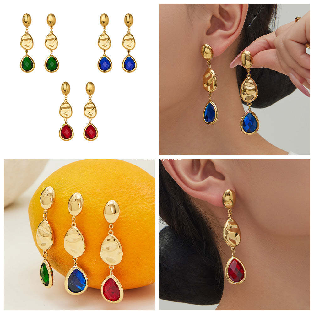 D관 - 스테인리스 스틸 물방울 컷팅 글라스 스톤 18K도금 드롭 귀걸이 [F764] 25.12-1